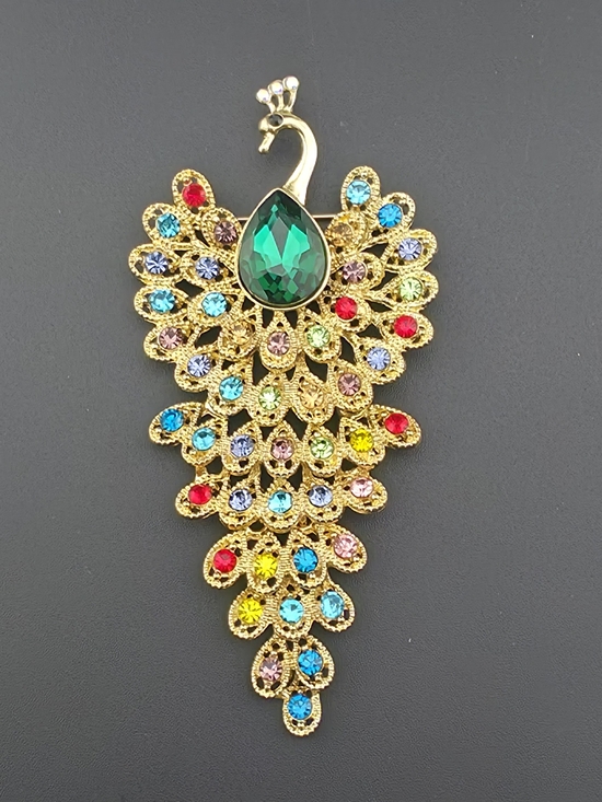 Estate Jewelry - Huge 4" Reticulated Peacock Brooch Emerald Green Crystal Multicolor Rhinestones